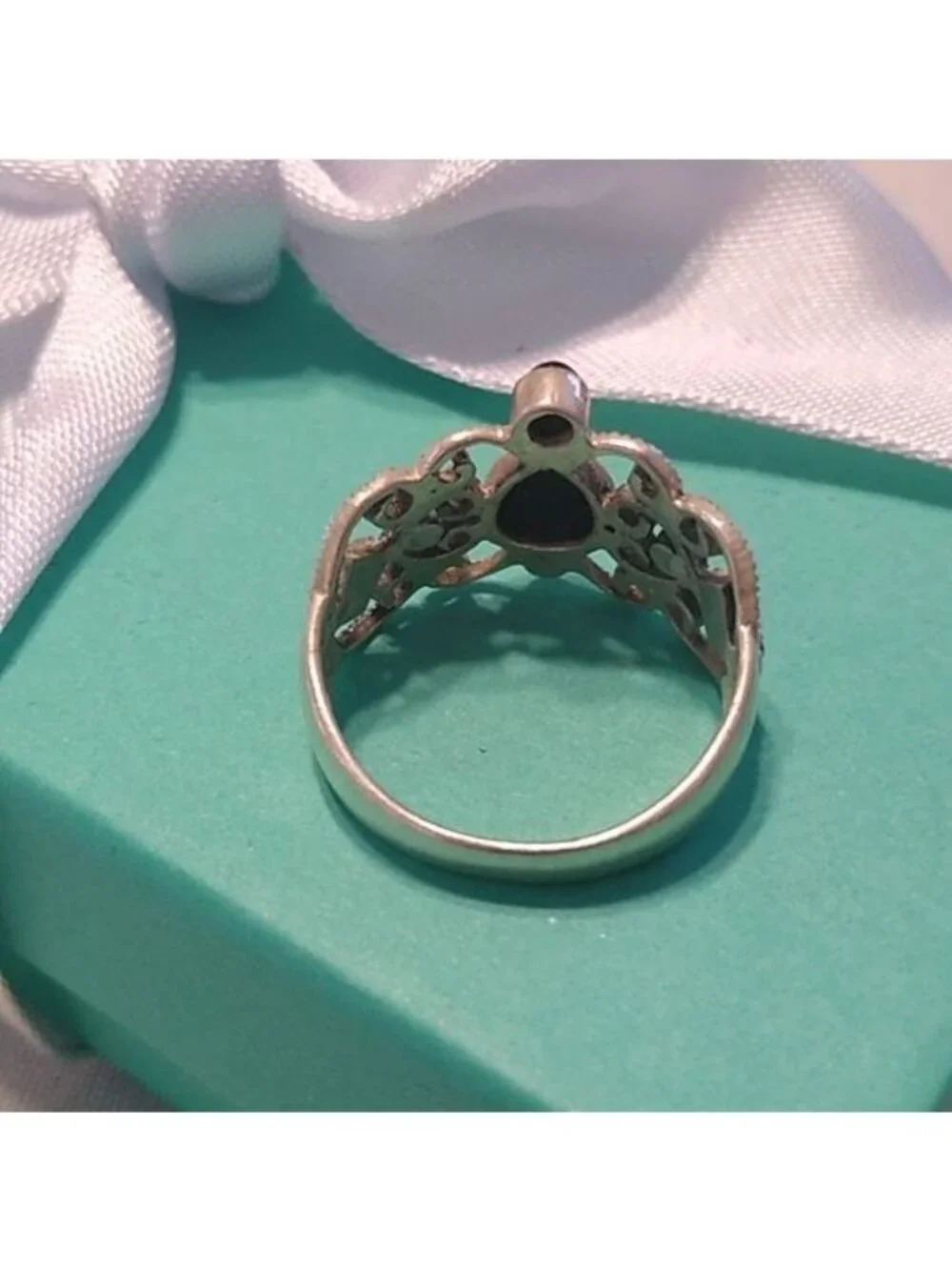 Sterling Silver Onyx + Marcasite Ring, Size 6.5